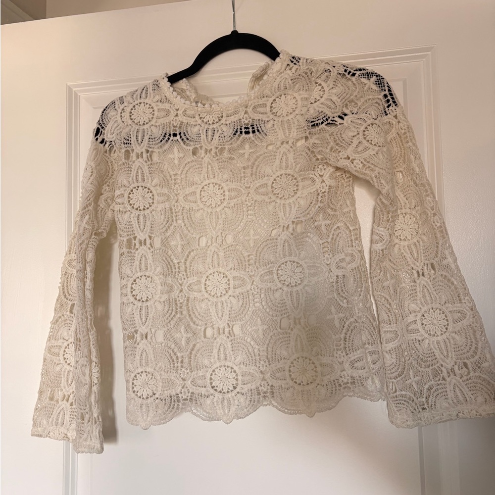 Kid’s Cream Crochet Lace Long-Sleeve Top
